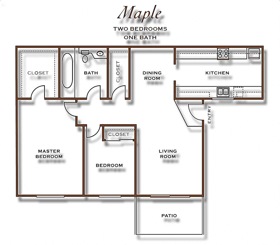 Floor plan for 2 beds, 1 bath, 840 sqft